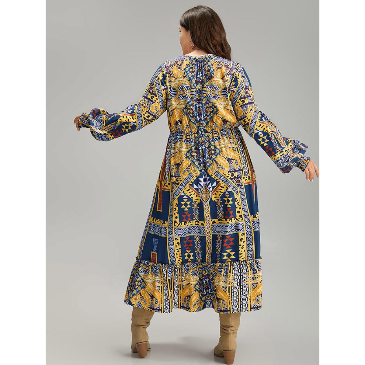 Plus Size Boho Print Shirred Pocket Ruffle Hem Dress DarkBlue Women Vacation Printed V-neck Long Sleeve Curvy Midi Dress BloomChic 12/L Product Image