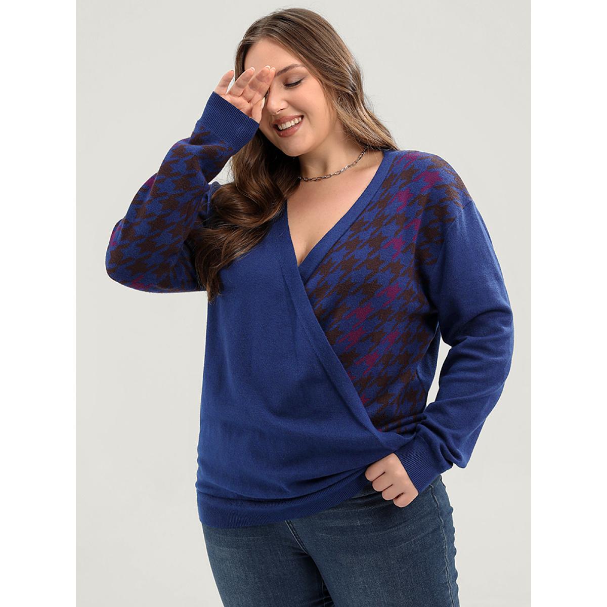 Plus Size Houndstooth Contrast Super Soft Knit Jacquard Wrap Knit Top Blue Women Elegant Loose Long Sleeve Deep V-neck Dailywear Pullovers BloomChic 18-20/2X Product Image