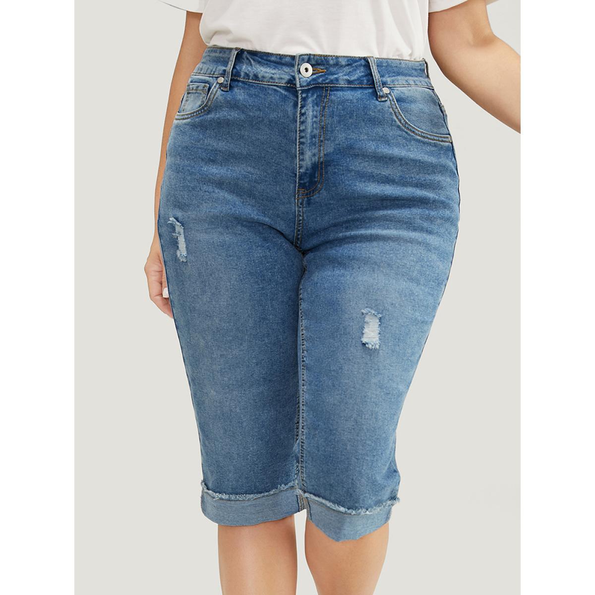 Plus Size Moderately Stretchy Roll Hem Ripped Knee Denim Shorts Women Blue Casual Plain Medium stretch Slanted pocket Jeans BloomChic 12/L Product Image