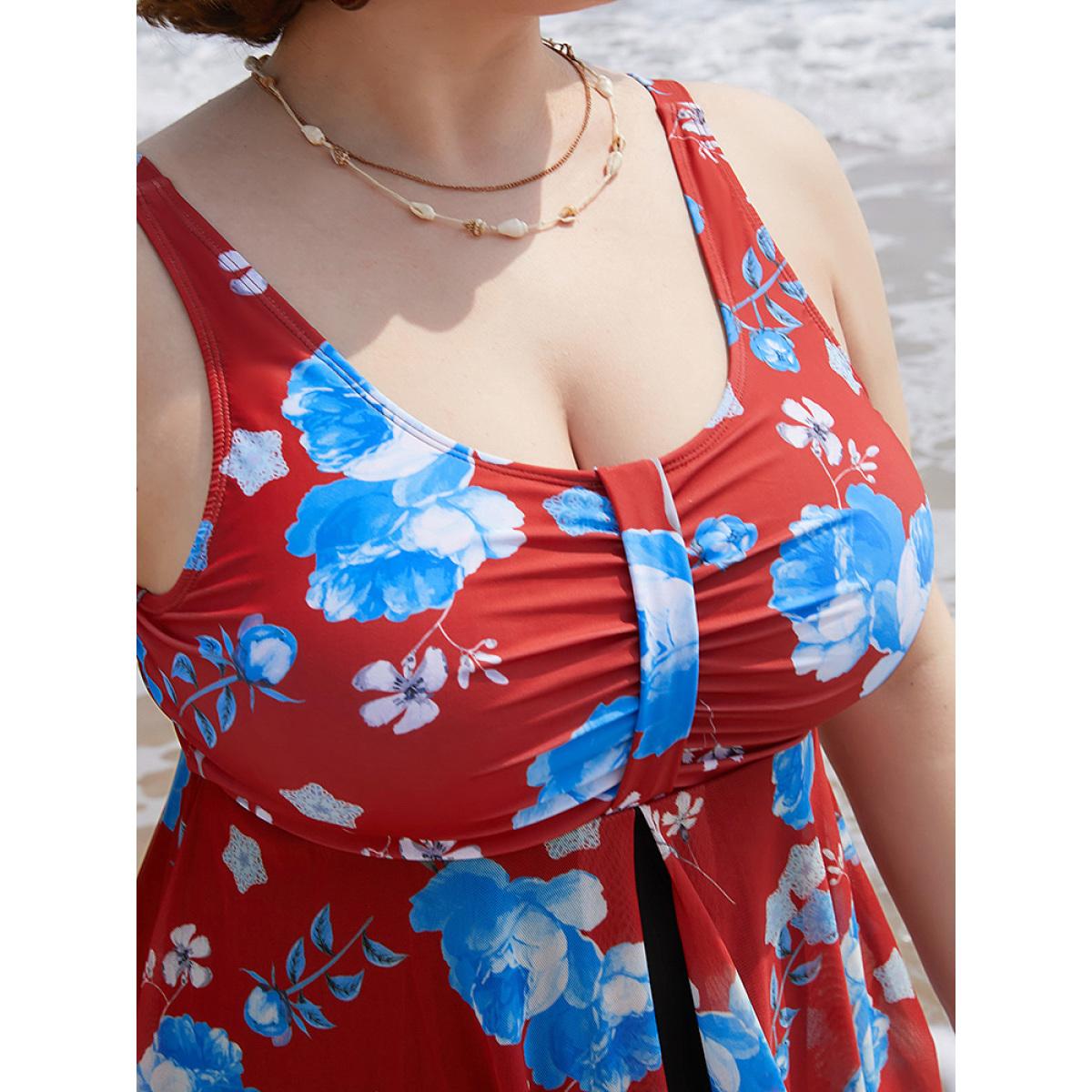 Plus Size Floral Print Split Front Ruched A Line Swim Dress Women's Swimwear Red Vacation Bodycon Round Neck High stretch Curve Swim Dresses BloomChic 28/5X Product Image