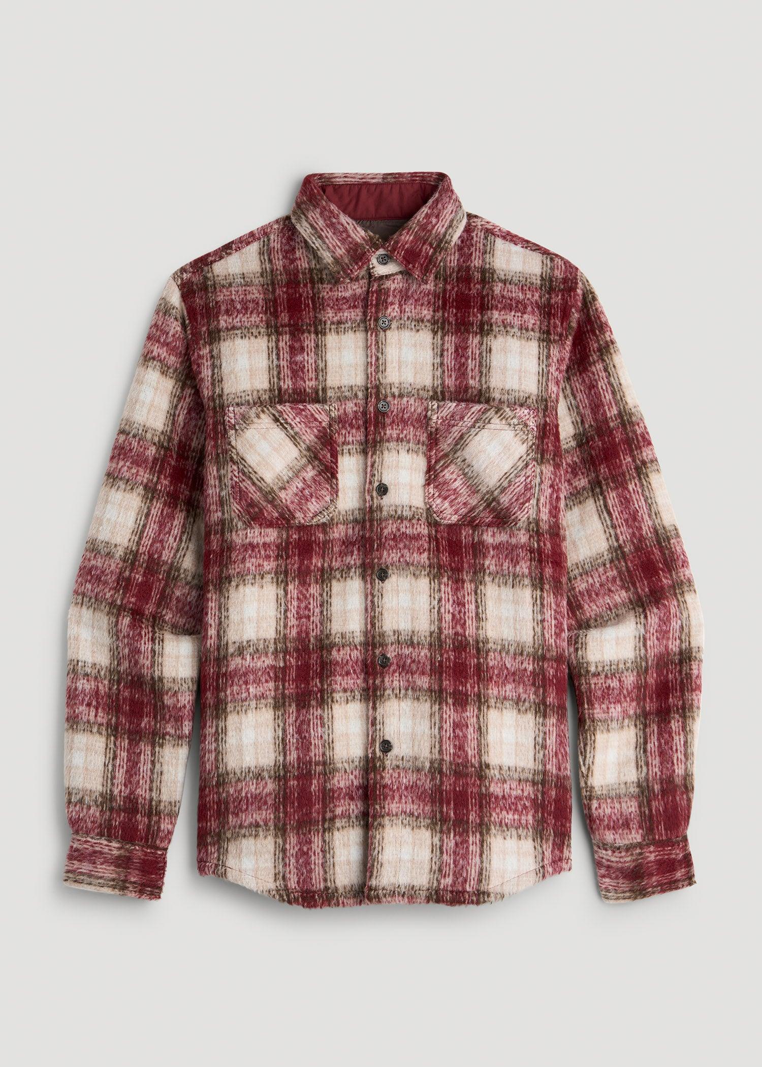 Brushed Flannel Overshirt for Tall Men in Ecru and Red Plaid Male Product Image