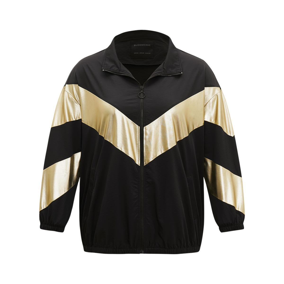 Plus Size Geometric Patchwork Contrast Zipper Jacket Women Black Elastic cuffs Pocket Dailywear Jackets BloomChic 18-20/2X Product Image