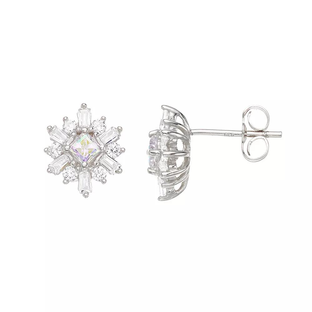 Sterling Silver Aurora Borealis & White Cubic Zirconia Snowflake Earrings, Women's Product Image