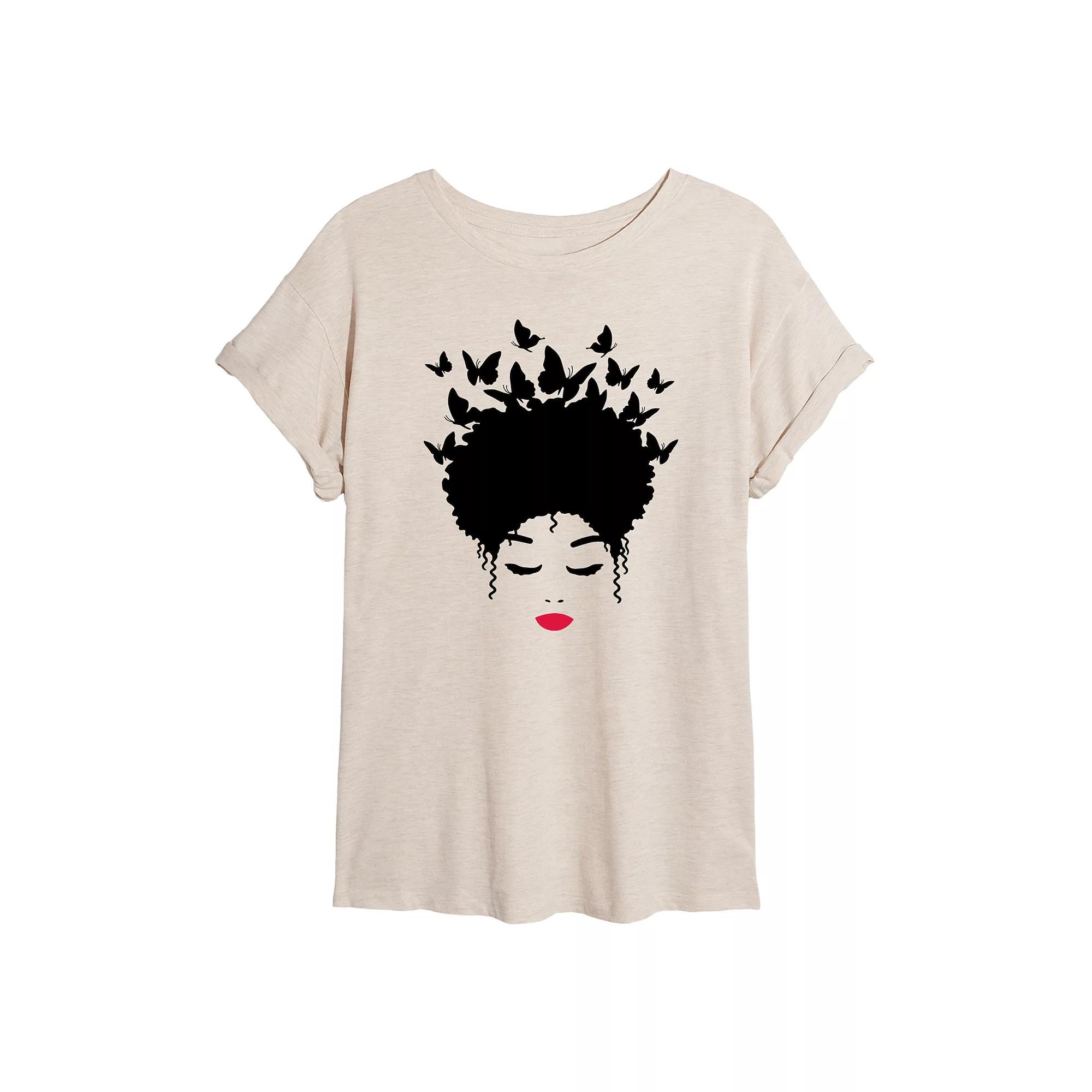 Juniors' Woman of Color Black Butterfly Hair Oversized Tee, Girl's, Size: Small, Beige Product Image