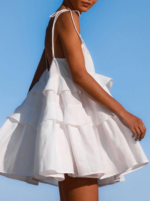 A-Line High Waisted Backless Layered Pleated Solid Color Spaghetti-Neck Mini Dresses Product Image