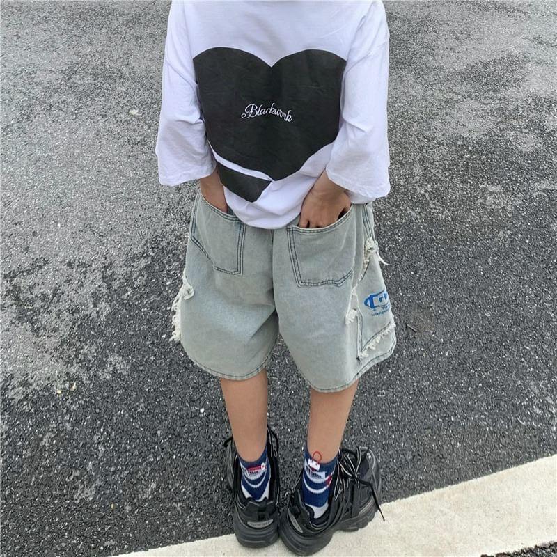 Mid Waist Embroidered  Denim Shorts Product Image