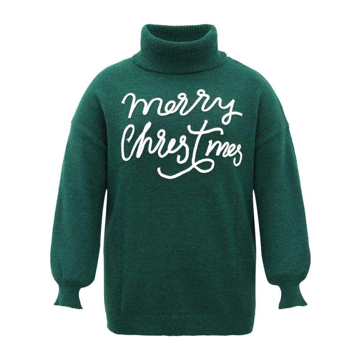 Plus Size Anti-Pilling Letter Graphic Elastic Cuffs Pullover DarkGreen Women Casual Loose Long Sleeve Lapel Collar Festival-Christmas Pullovers BloomChic 30/6X Product Image