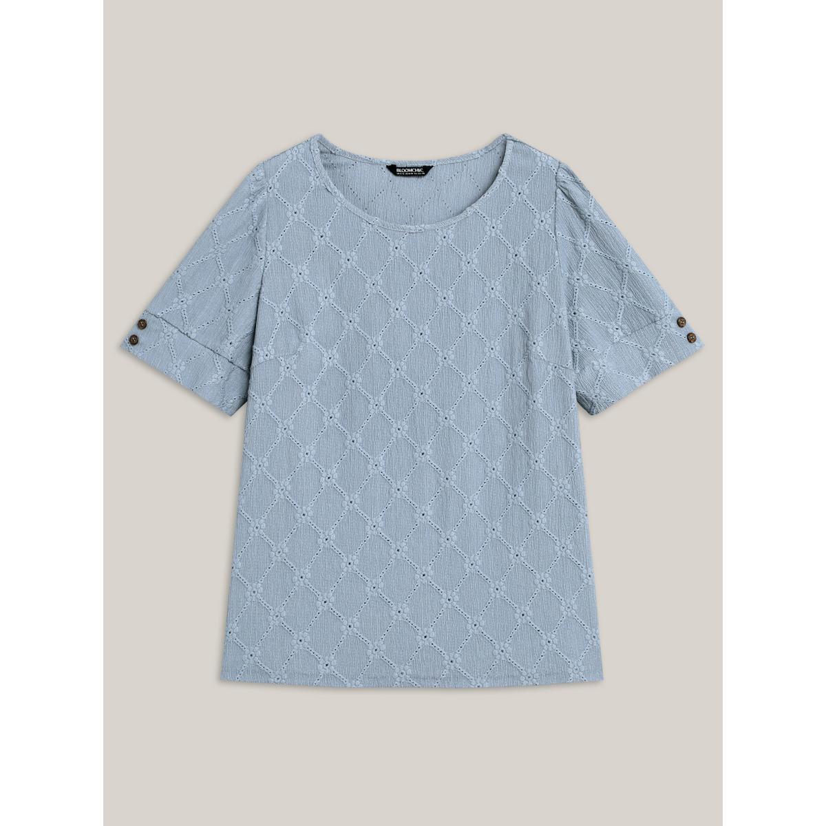 Plus Size Textured Puffy Sleeve Buttons T-Shirt Stone Women Casual Texture Round Neck Everyday T-shirts BloomChic 30/6X Product Image