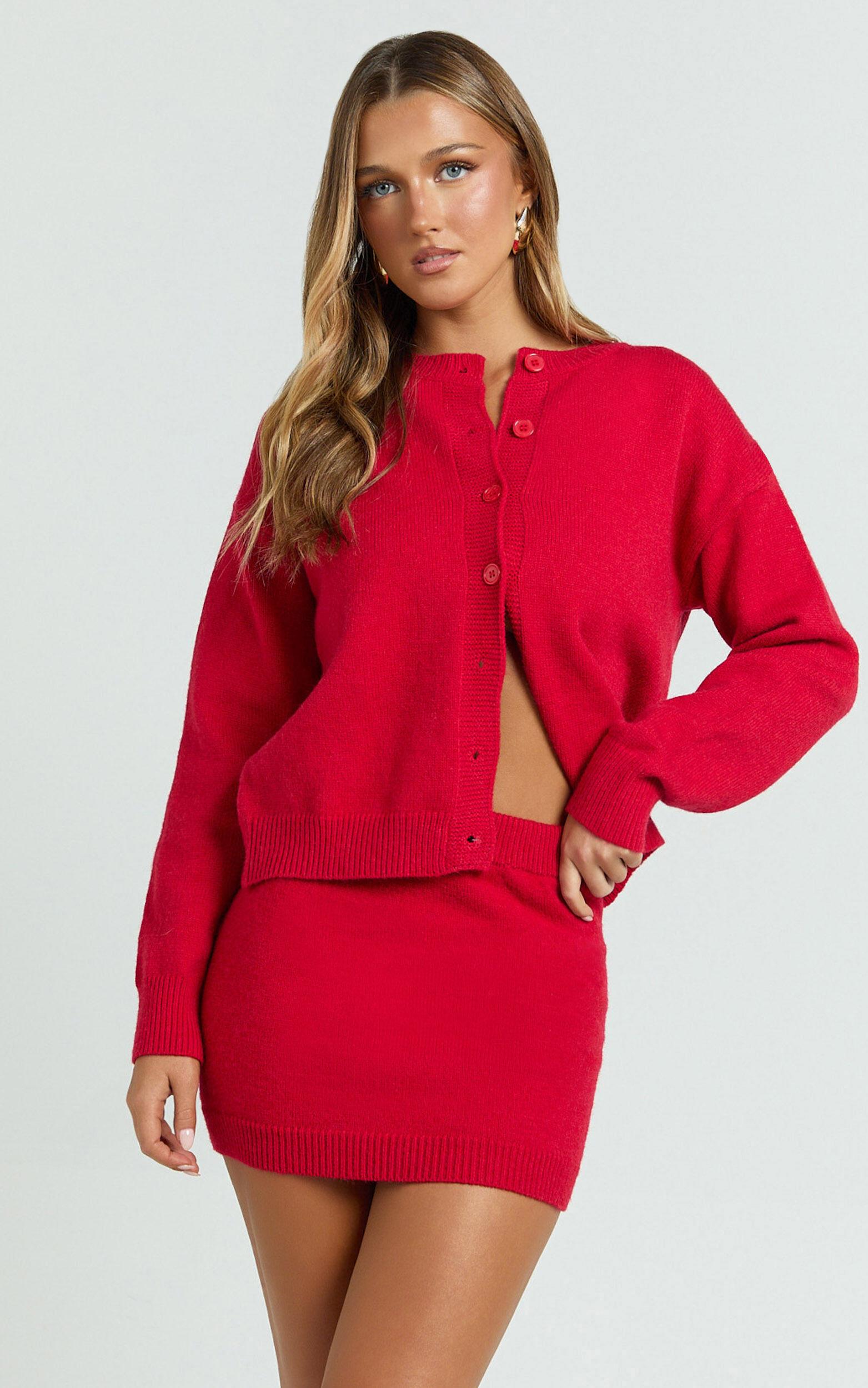 Lucille Cardigan - Button Through Scoop Neck Knit Cardigan in Red Product Image