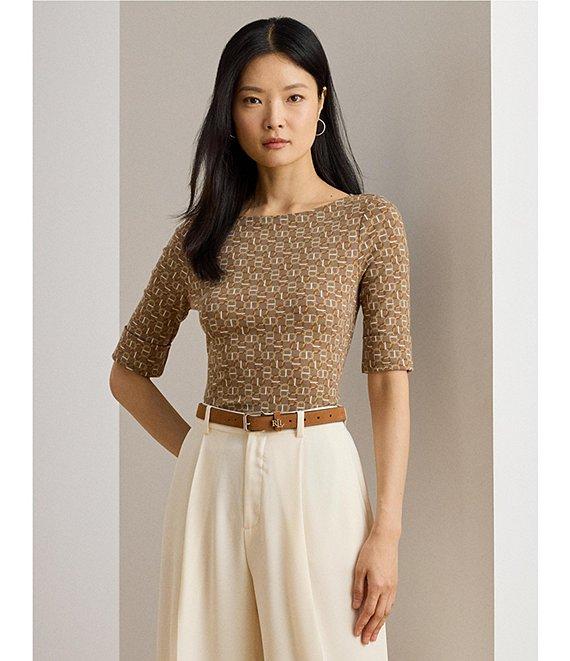 Lauren Ralph Lauren Knit Geo Print Stretch Cotton Boat Neck Elbow Sleeve Tee Product Image