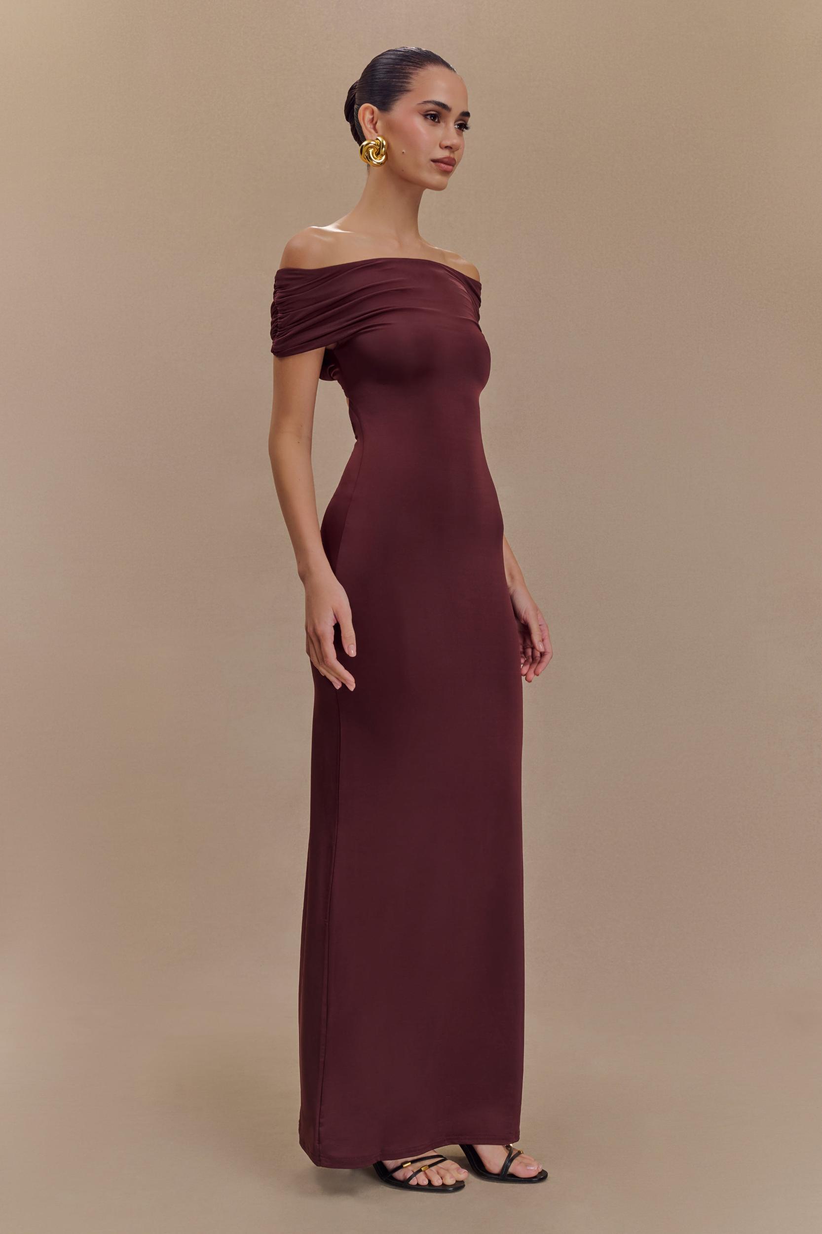 Imogen Off Shoulder Slinky Maxi Dress - Mahogany Product Image