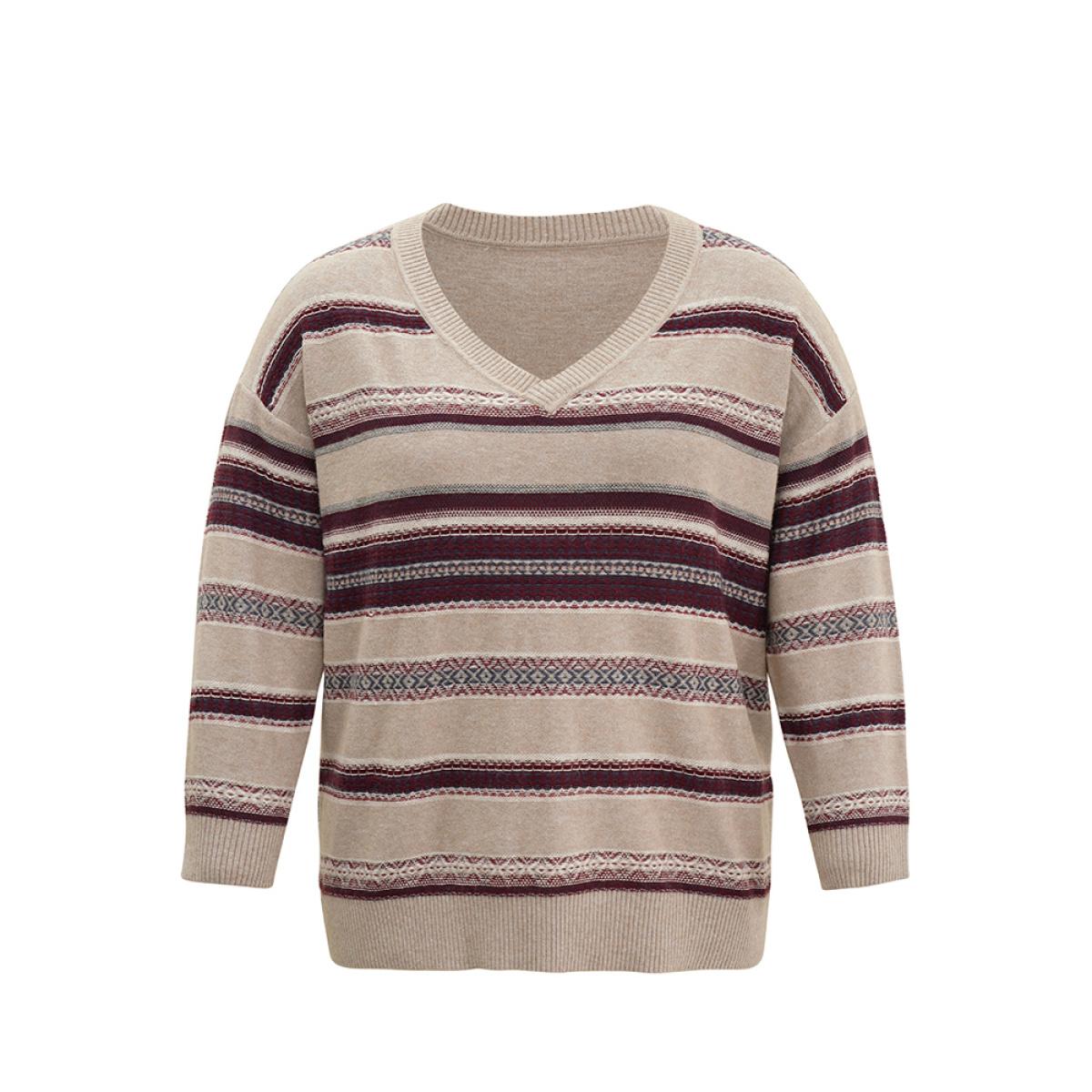 Plus Size Supersoft Essentials Striped Print Drop Shoulder Pullover LightBrown Women Casual Loose Long Sleeve Deep V-neck Everyday Pullovers BloomChic 10/M Product Image