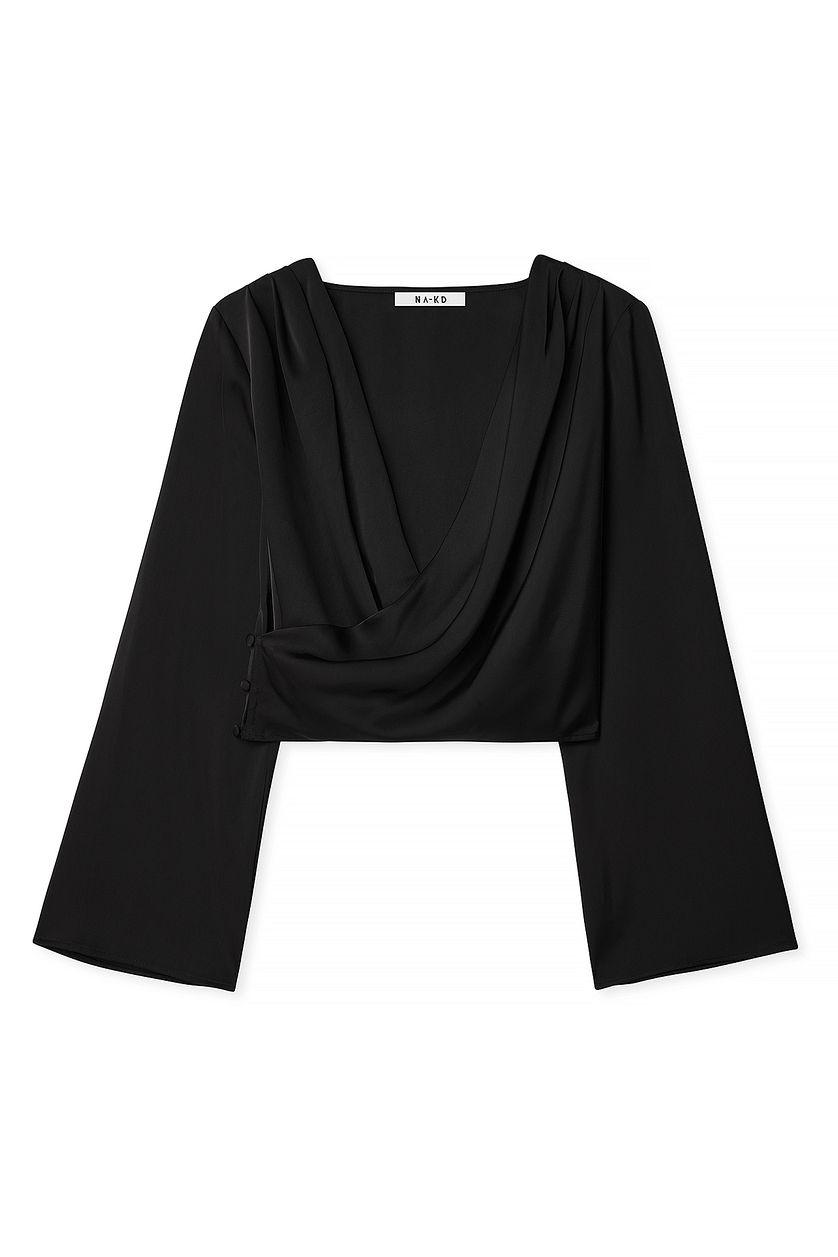 Asymmetric Overlap Long Sleeve Satin Top Product Image