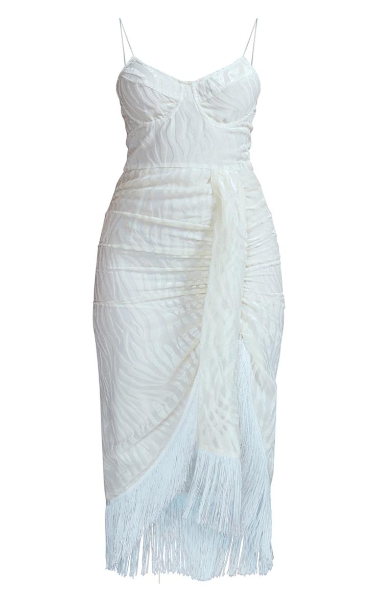 White Devore Tassel Detail Underwired Draped Midi Dress Product Image