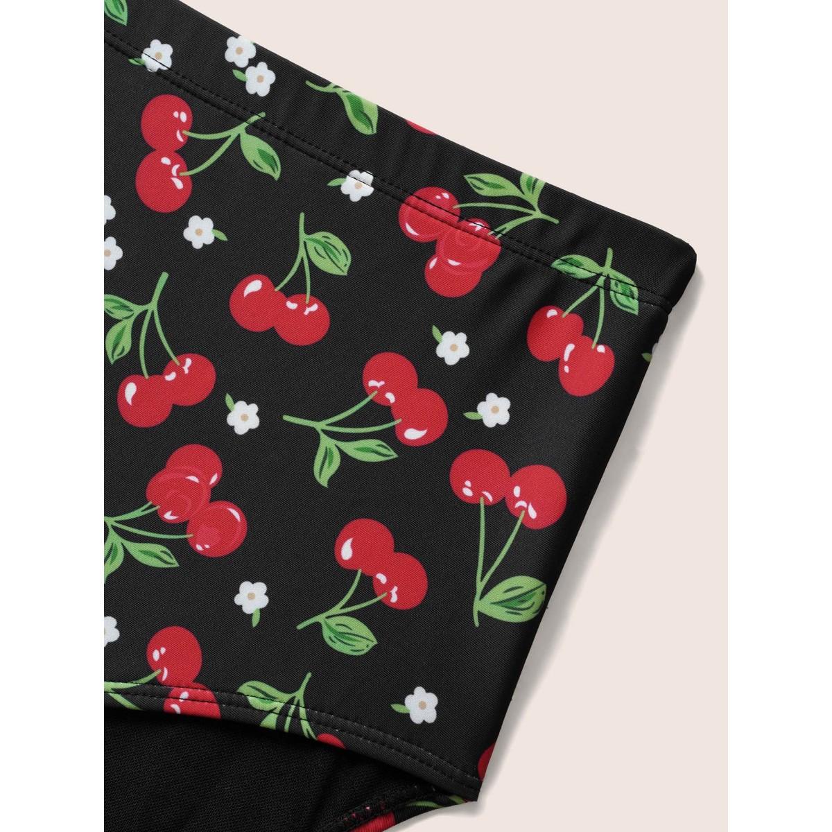 Plus Size Cherry Print Wrap Tie Knot Swim Dress Women's Swimwear Black Beach Bodycon Overlap Collar High stretch Curve Swim Dresses BloomChic 26/4X Product Image