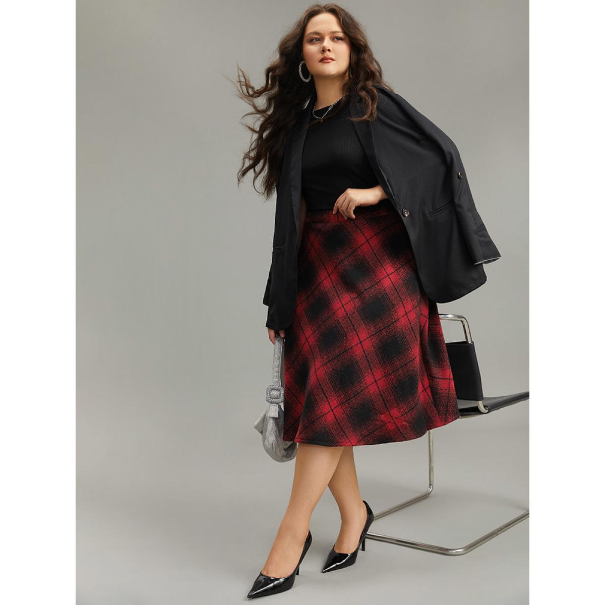 Plus Size Plaid Pocket Elastic Waist Skirt Women Red Casual A-line No stretch Pocket Everyday Skirts BloomChic 26/4X Product Image