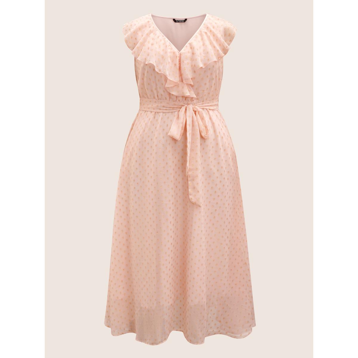 Plus Size Polka Dot Ruffles Belted Sleeveless Dress MistyRose Women Formal Belted V-neck Sleeveless Curvy BloomChic 30/6X Product Image