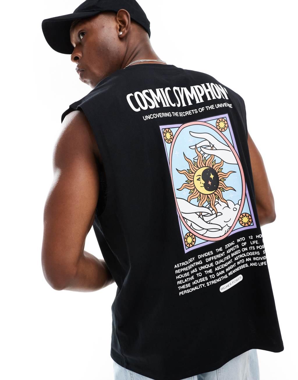 ASOS DESIGN oversized tank top in black with celestial back print Product Image