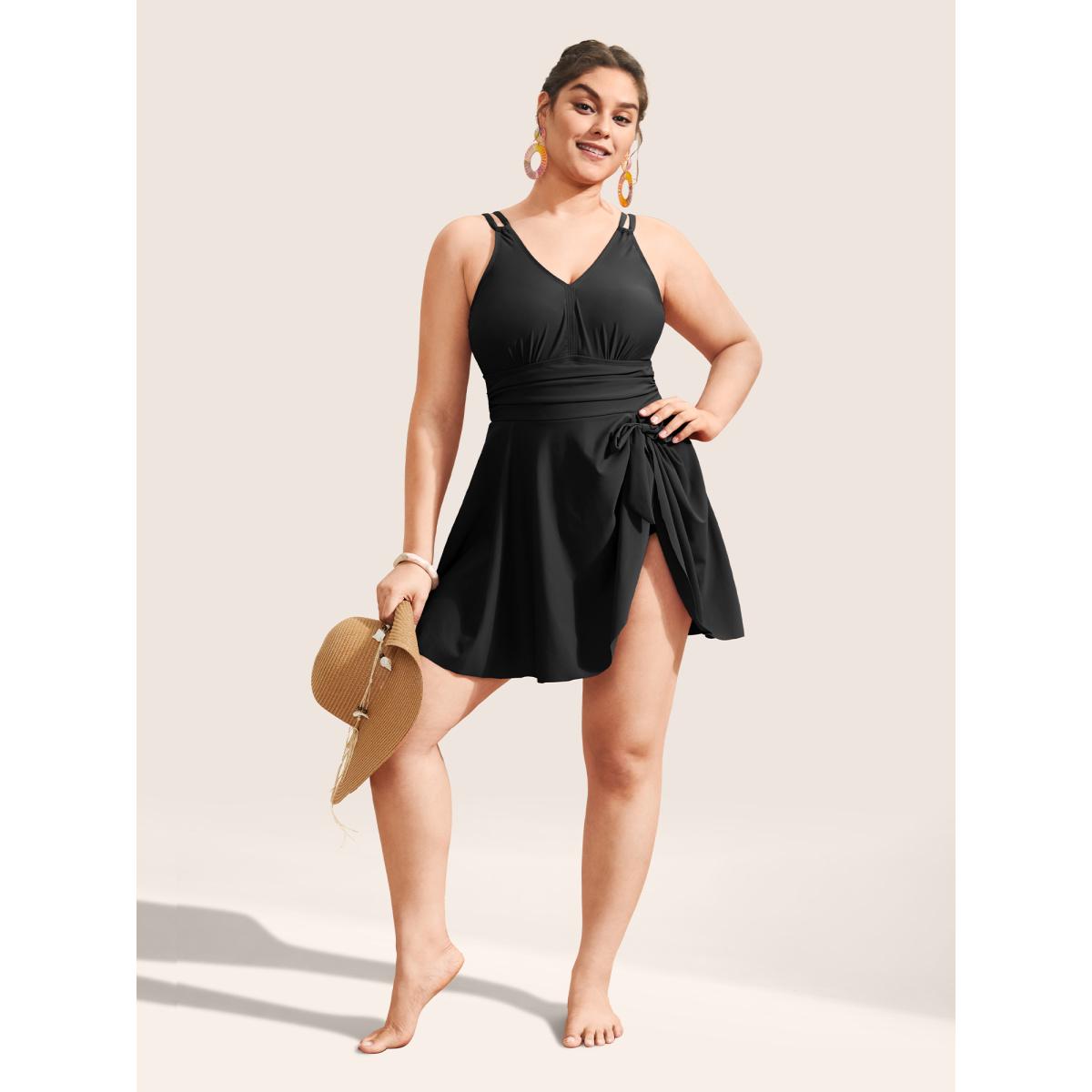 Plus Size Plain Gathered Knot Adjustable Straps Swim Dress Women's Swimwear Black Beach Bodycon V-neck High stretch Curve Swim Dresses BloomChic 12/L Product Image