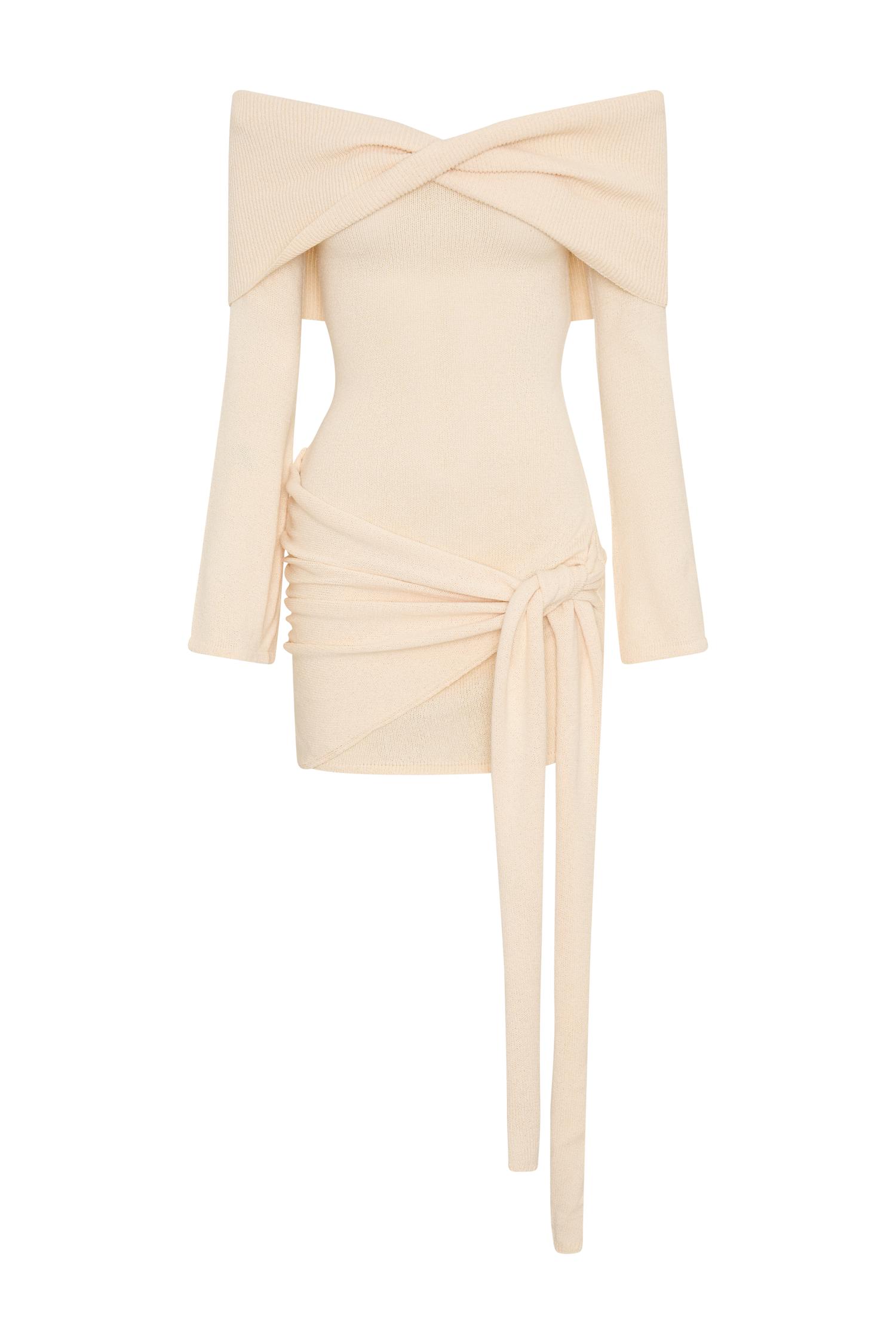 Camryn Off Shoulder Tie Knit Mini Dress - Cream Marle Product Image