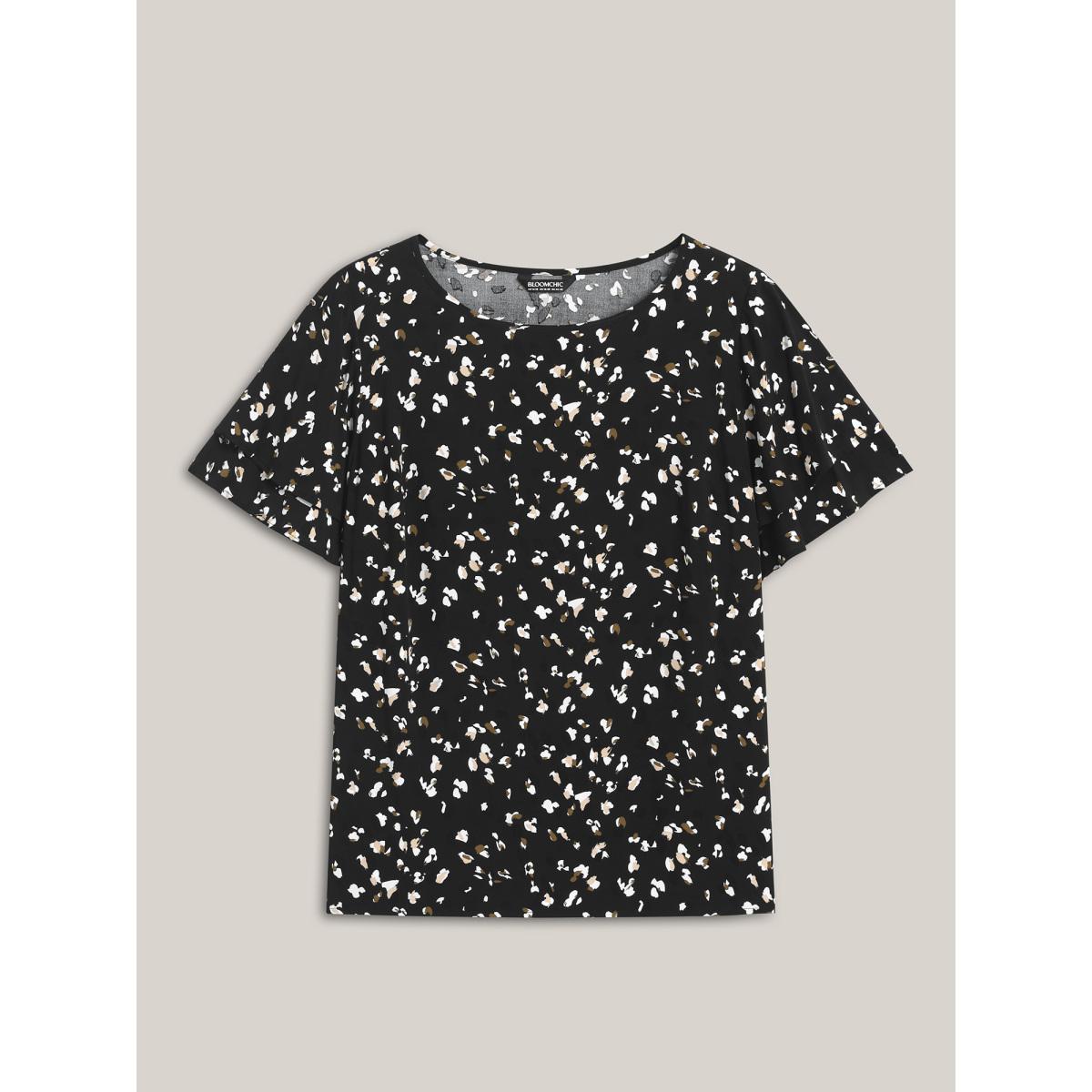 Plus Size Black Leopard Dot Print Layered Sleeve Blouse Women Short sleeve Round Neck Work Blouses BloomChic 30/6X Product Image