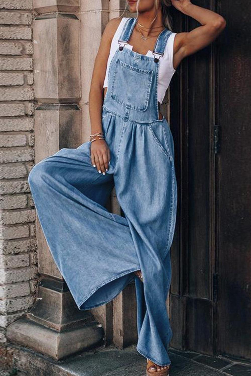 Distressed Wide Leg Denim Overalls Product Image