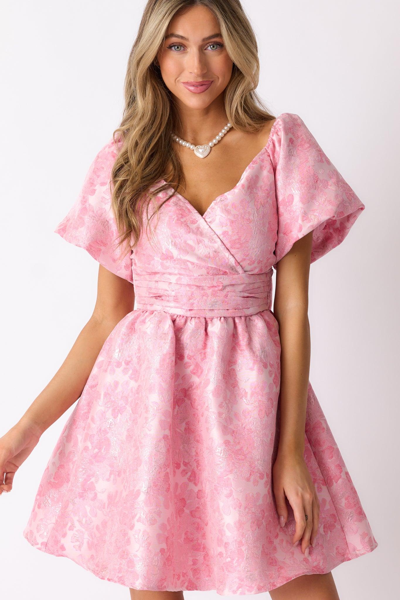 Cheers To Us Light Pink Floral Jacquard Mini Dress Product Image