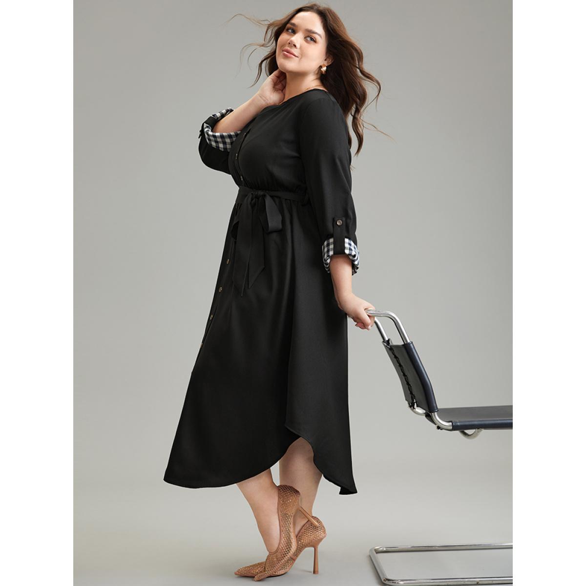 Plus Size Gingham Notched Belted Curved Hem Tab Sleeve Dress Black Women Office Plain Notched collar Long Sleeve Curvy Midi Dress BloomChic 26/4X Product Image