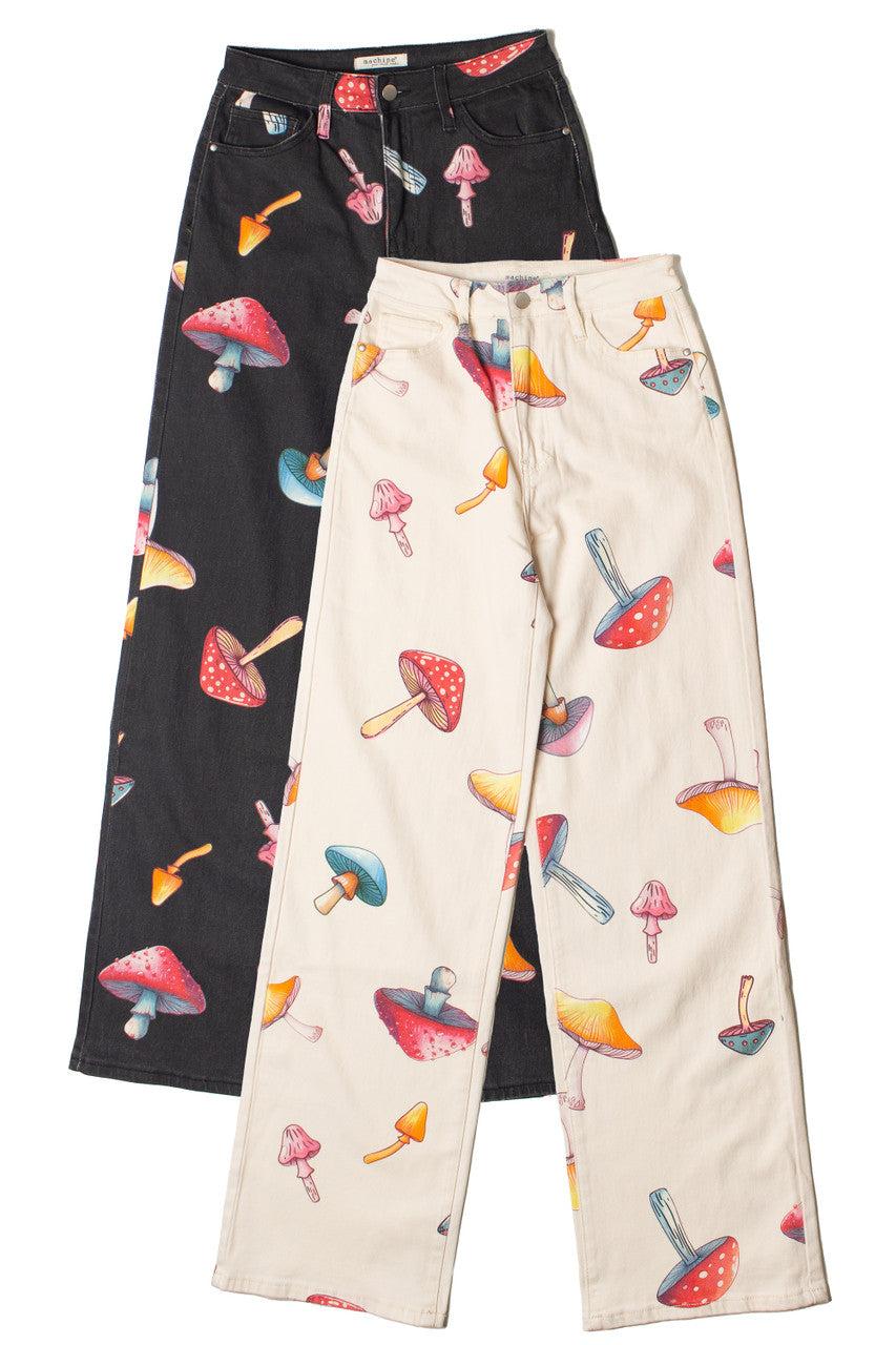 Large Mushroom Print Wide Leg Jeans Product Image