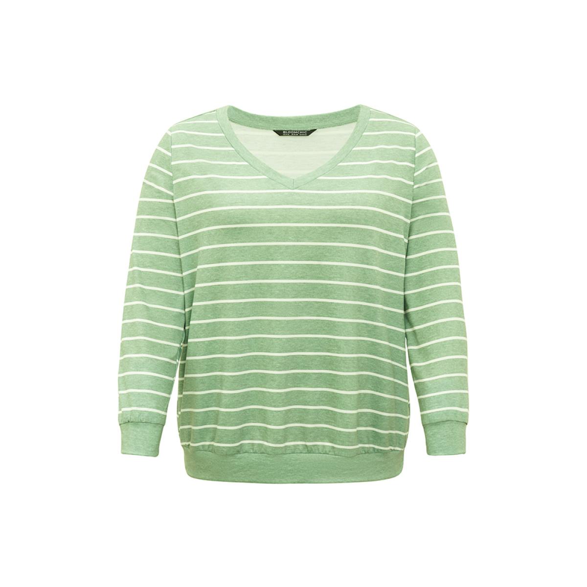 Plus Size Striped Print V Neck Sweatshirt Women Green Casual V-neck Dailywear Sweatshirts BloomChic 12/L Product Image