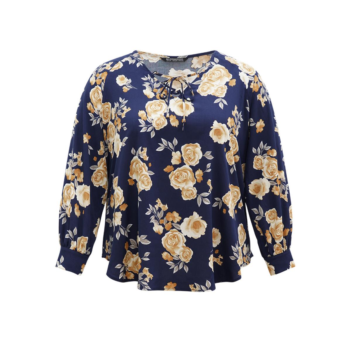 Plus Size Indigo Floral Print Lace Up Button Down Blouse Women Elegant Long Sleeve Tie Neck Dailywear Blouses BloomChic 10/M Product Image