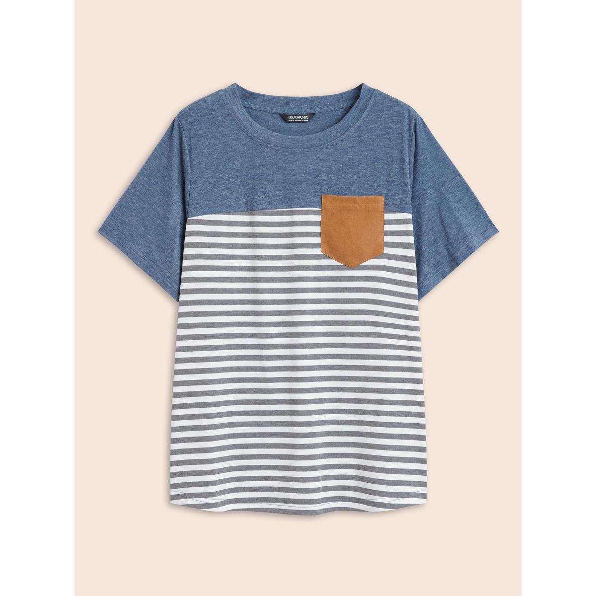 Plus Size Striped Patchwork Round Neck Patched Pocket T-shirt Multicolor Women Casual Patchwork Striped Round Neck Dailywear T-shirts BloomChic 26/4X Product Image