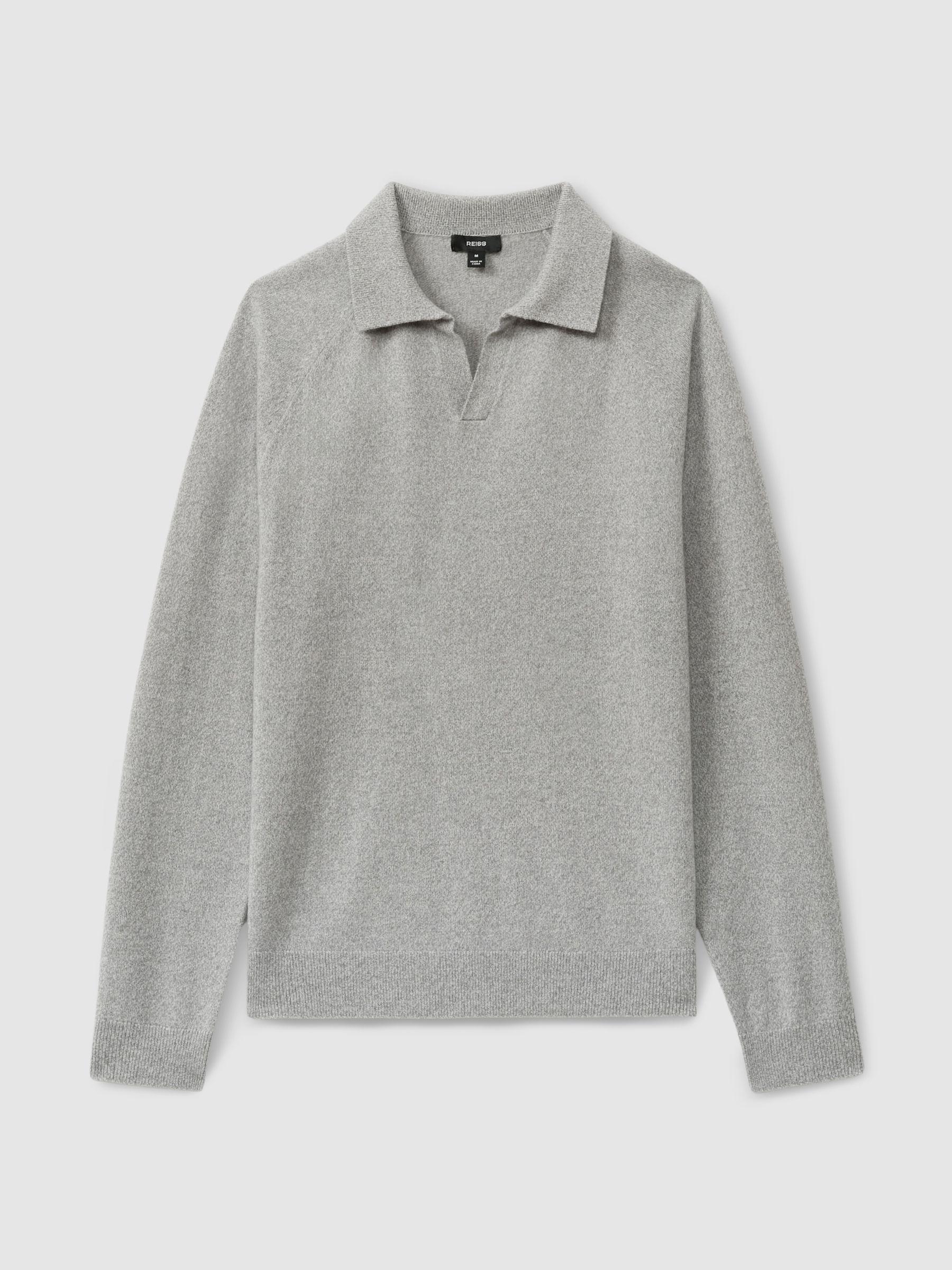 Wool-Cashmere Open-Collar Polo Shirt in Soft Grey Melange Product Image