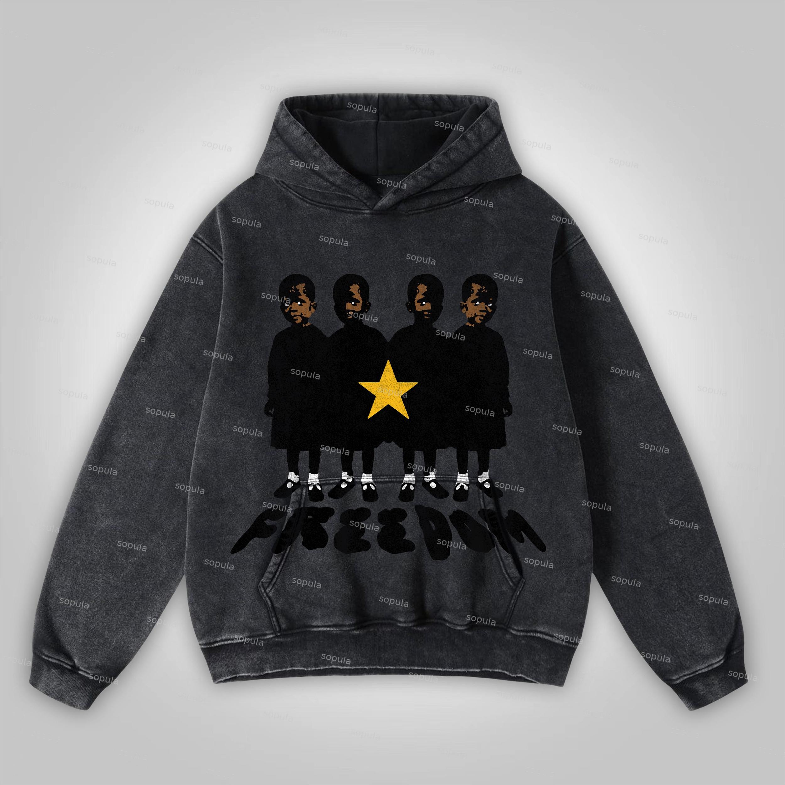 Sopula Freedom Vintage Graphic Print Washed Distressed Pocket Hoodie Product Image