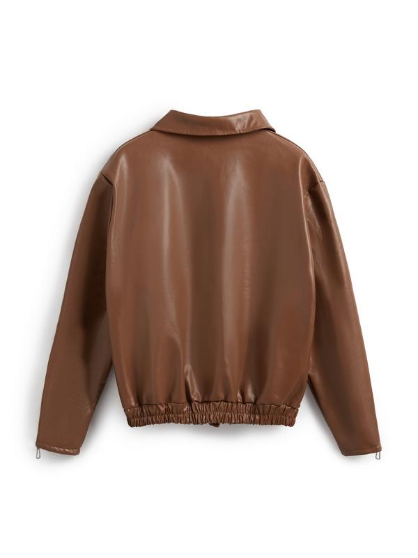 Vintage Brown Zip Up Elastic Hem Leather Jacket Product Image
