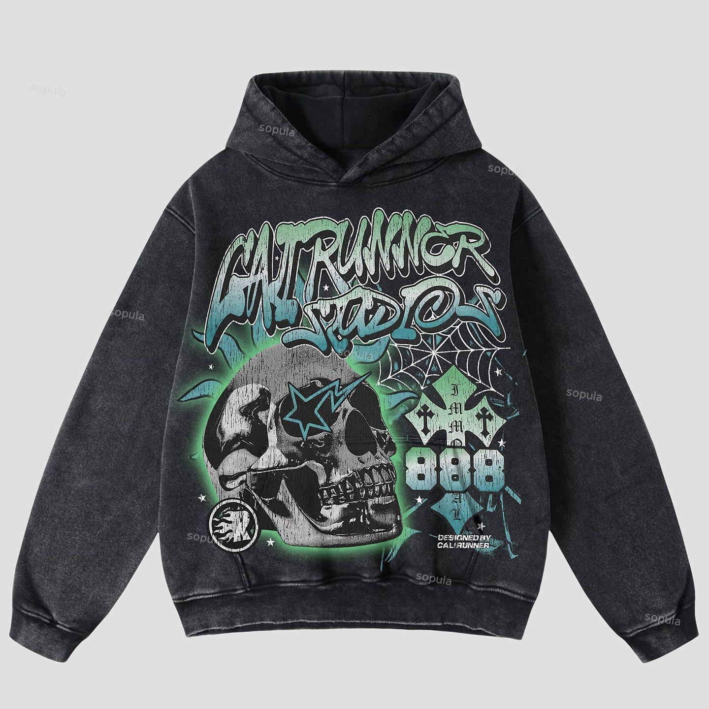 Vintage Flame Abstract Skull Graphic Acid Wash Oversized Hoodie Product Image