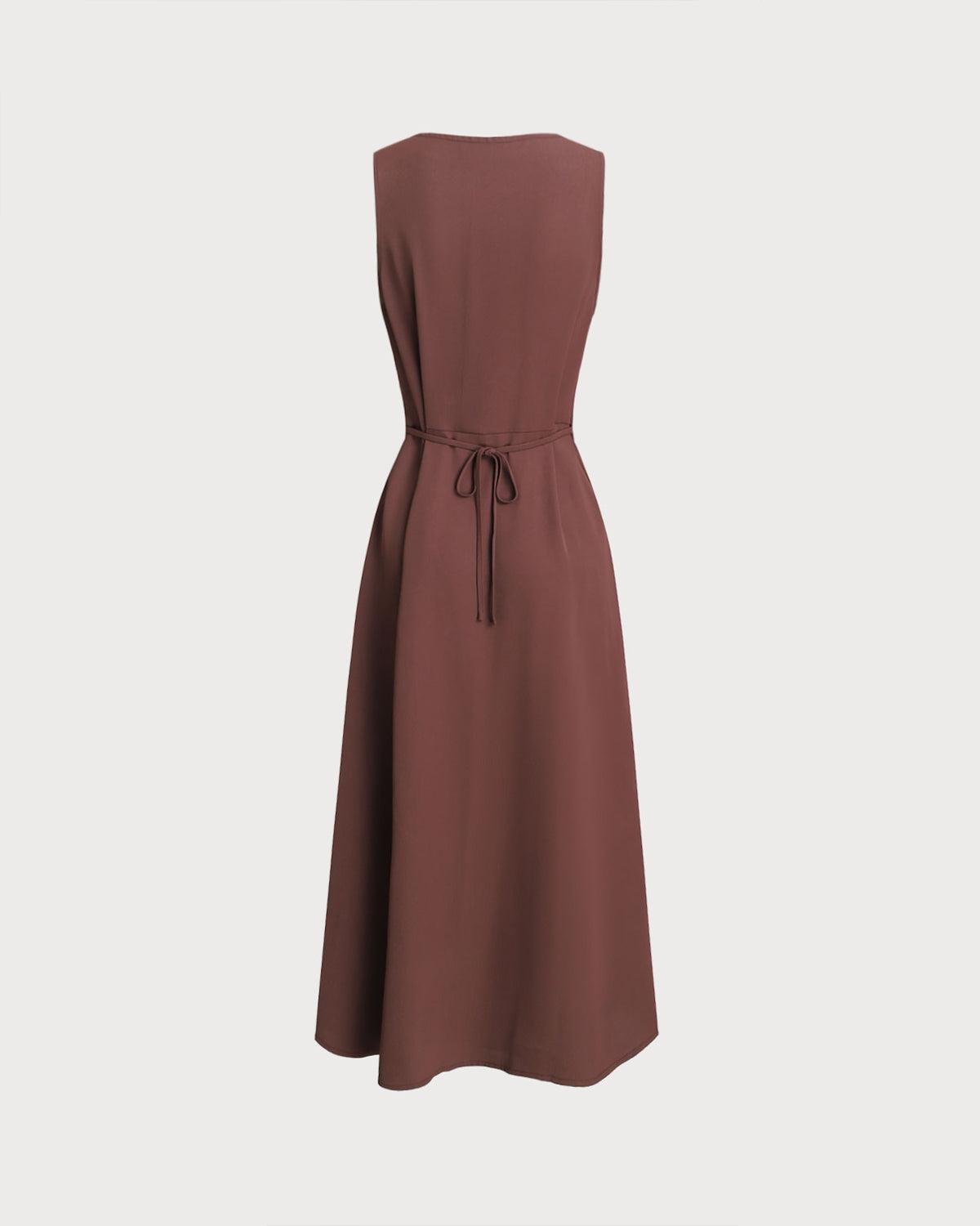Brown Round Neck Button Sleeveless Maxi Dress Product Image