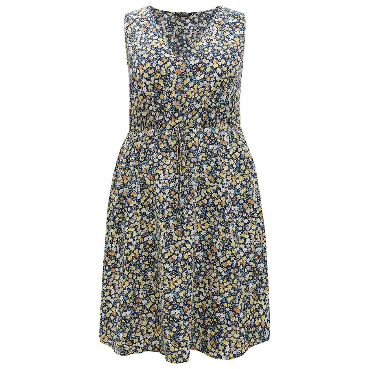 Plus Size Ditsy Floral V Neck Pocket Gathered Sleeveless Dress Indigo Women Elegant Cross straps V-neck Sleeveless Curvy Midi Dress BloomChic 14-16/1X Product Image