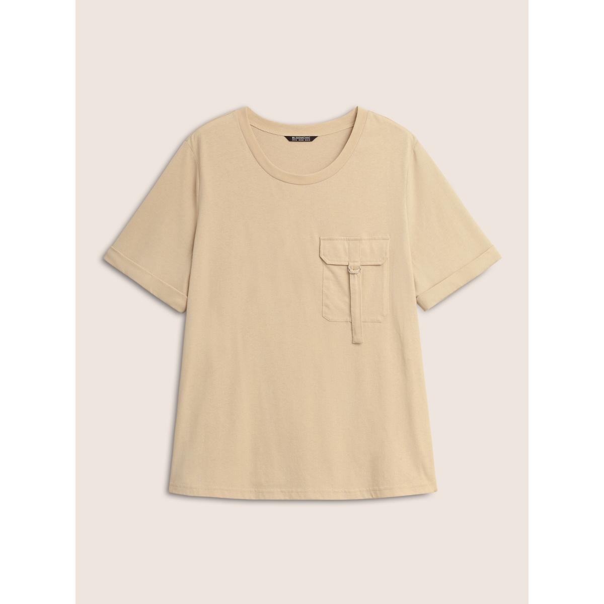 Plus Size Cotton Solid Patched Pocket Cuffed Sleeve T-shirt Champagne Women Casual Roll Hem Round Neck Everyday T-shirts BloomChic 22-24/3X Product Image