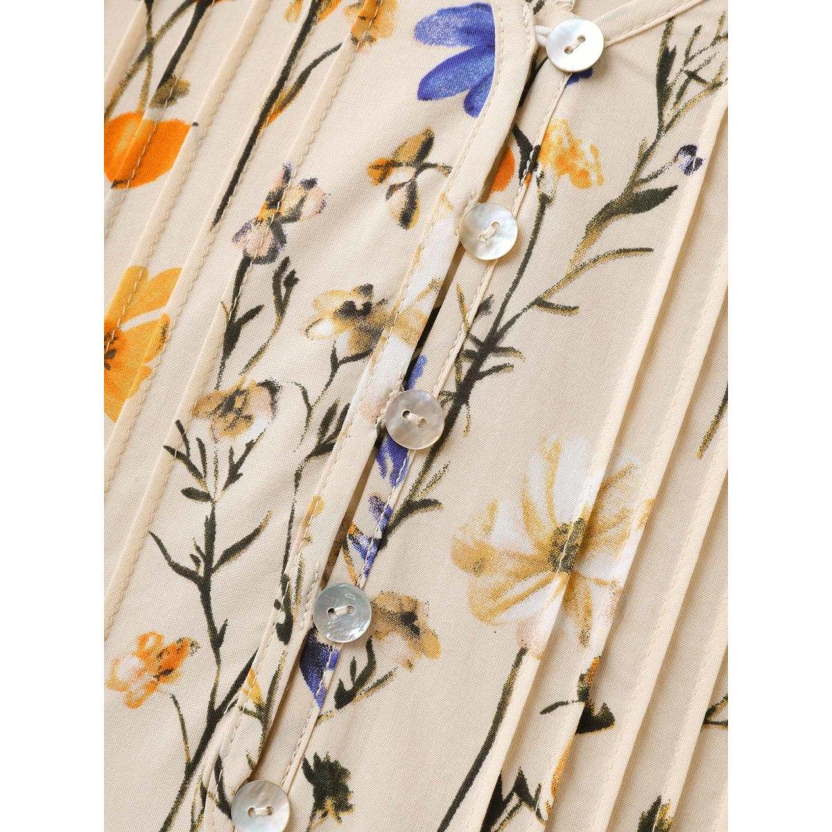 Plus Size Florals Everywhere Toothpick Pleat Midi Dress Champagne Women Timeless V-neck Short sleeve Curvy BloomChic 12/L Product Image