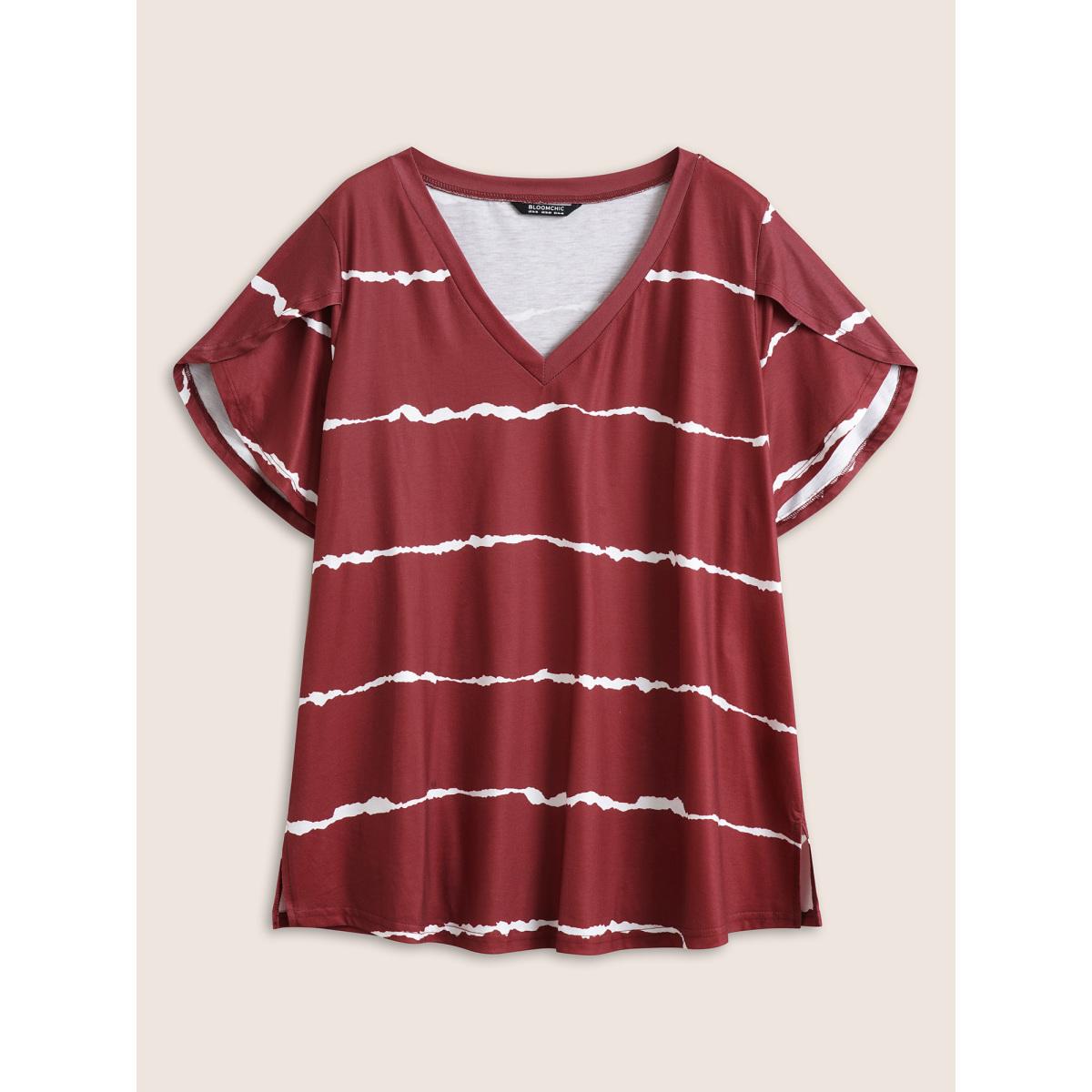 Plus Size Striped Contrast Petal Sleeve T-shirt Scarlet Women Elegant Striped Everyday T-shirts BloomChic 10/M Product Image