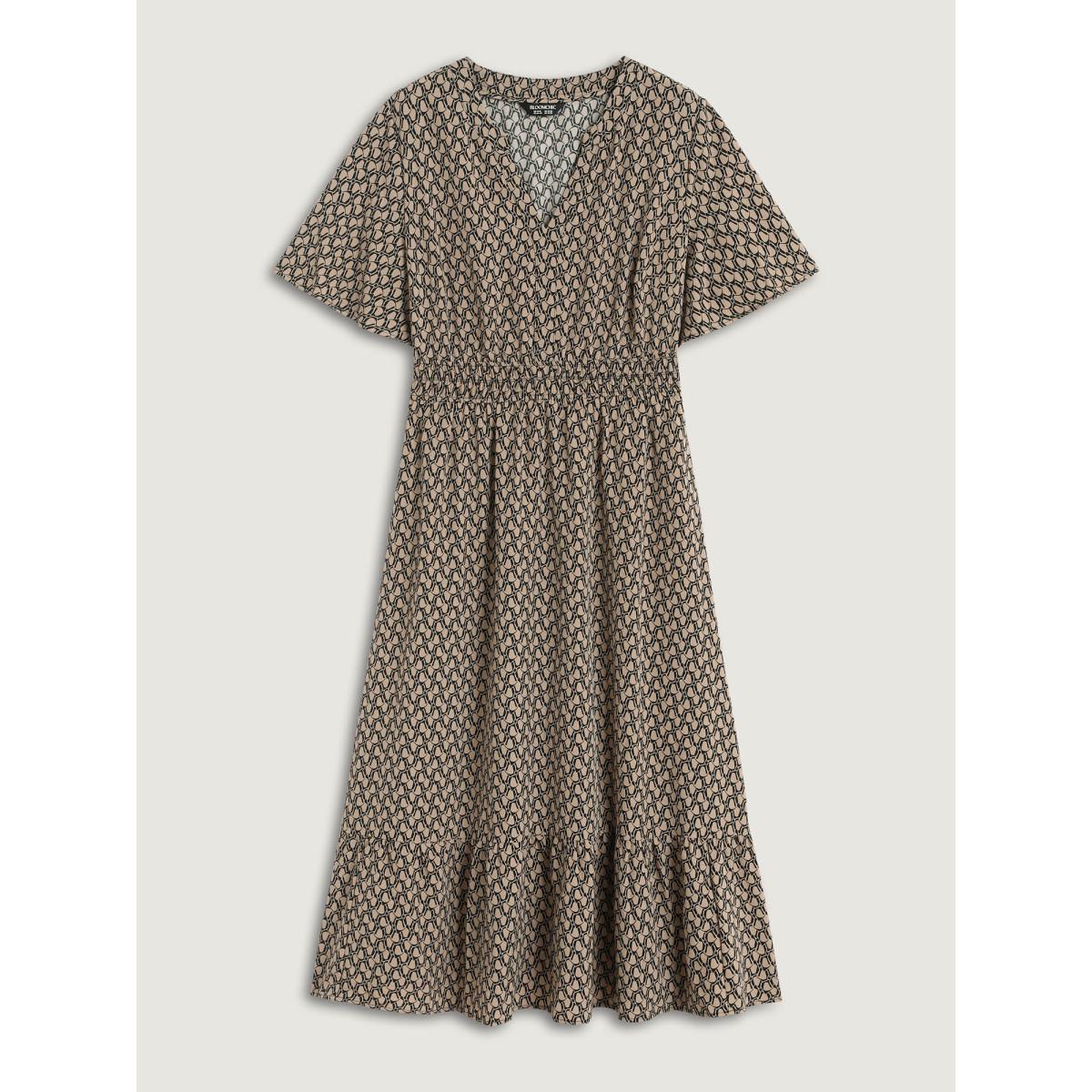 Plus Size Geometric Print Waist-Cinched Tiered Midi Dress Tan Women Office Flat collar with V-notch Short sleeve Curvy BloomChic 26/4X Product Image