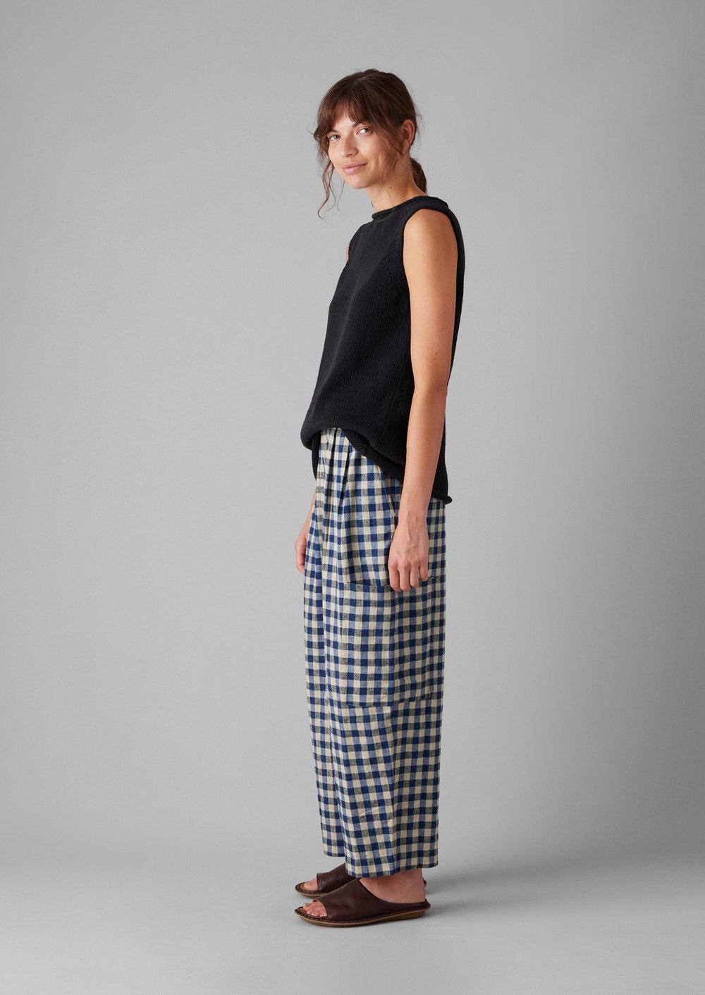 Gingham Linen Cotton Patch Pocket Pants | Denim Blue Product Image