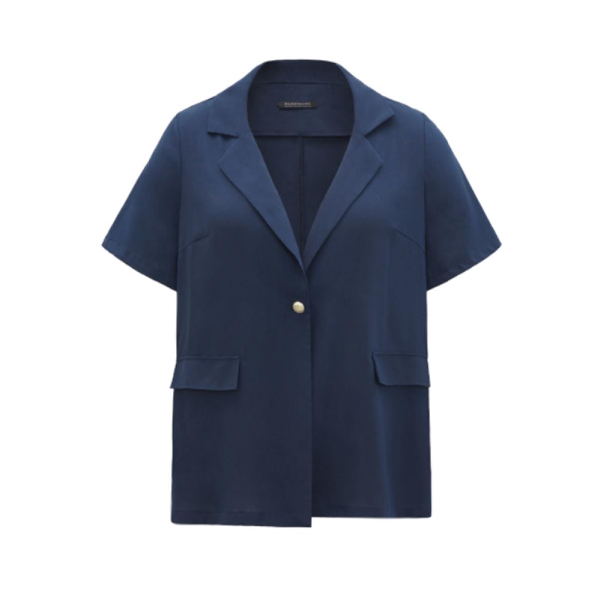 Plus Size Plain Button Through Flap Pocket Suit Collar Blazer Indigo Women Dailywear Plain Drape Sleeve Short sleeve Lapel Collar 14-16/1X Pocket Casual Blazers BloomChic Product Image