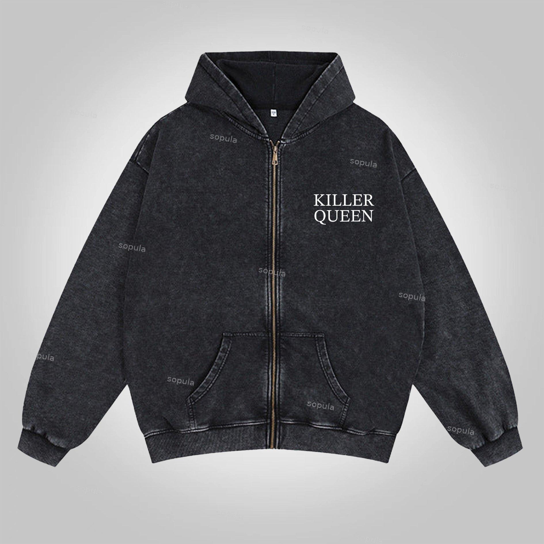 Sopula Jojo Killer Queen Graphics Acid Washed Oversized Zip-Up Hoodie Product Image