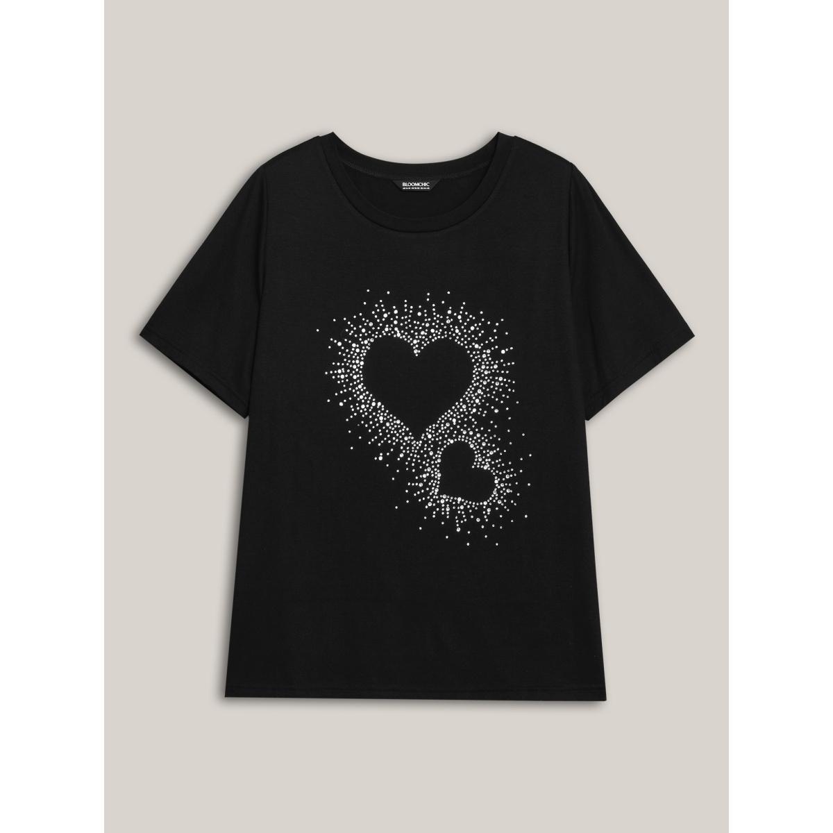 Plus Size Crew Neck Rhinestone Heart T-Shirt Black Women Casual Rhinestone detailing Round Neck Everyday T-shirts BloomChic 10/M Product Image