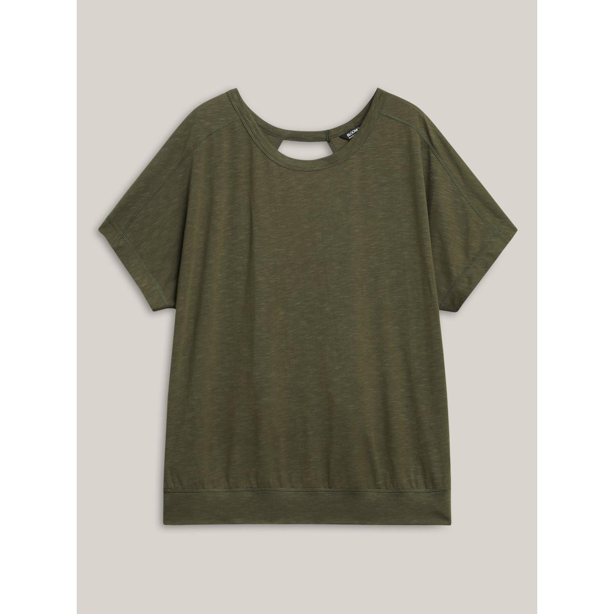 Plus Size Backless Plain Flowy T-Shirt ArmyGreen Women Overlapping Round Neck Everyday-Casual T-shirts BloomChic 12/L Product Image