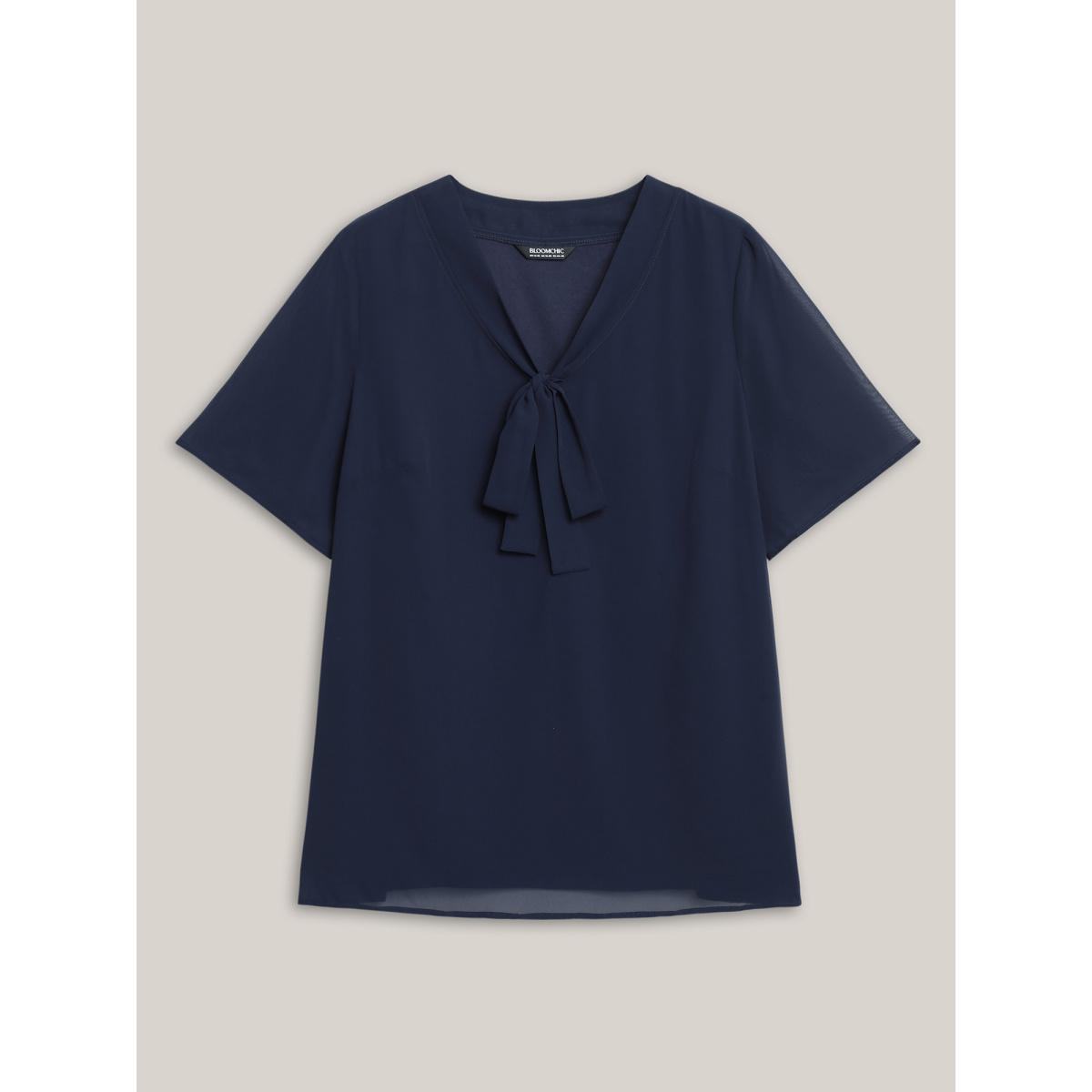 Plus Size Indigo Ribbon Collar Placket Lined Blouse Women Office Short sleeve Ribbon-tied collar Office Blouses BloomChic 26/4X Product Image