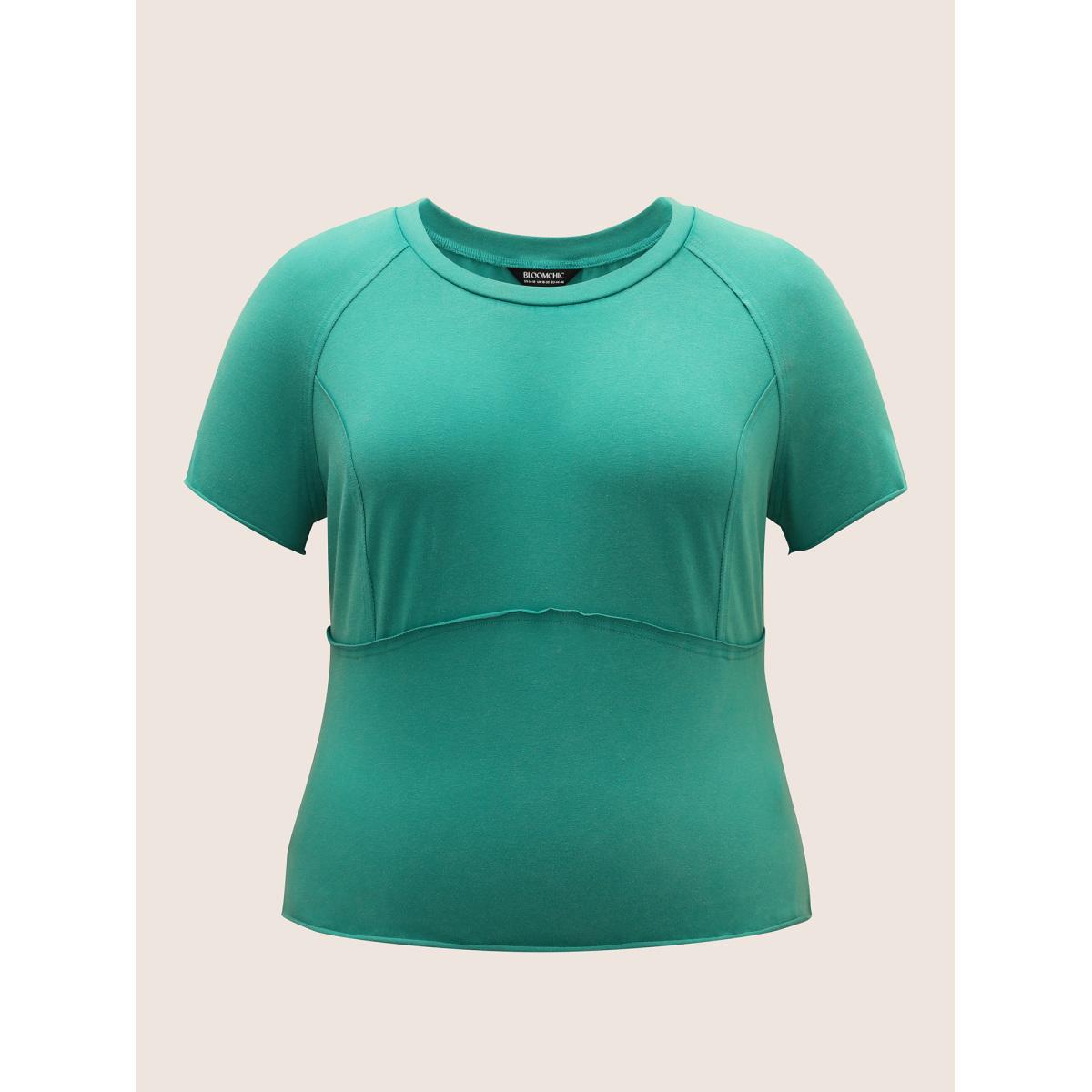Plus Size Round Neck Pleated Raglan Sleeve T-shirt Teal Women Casual Non Round Neck Bodycon Everyday T-shirts BloomChic 26/4X Product Image