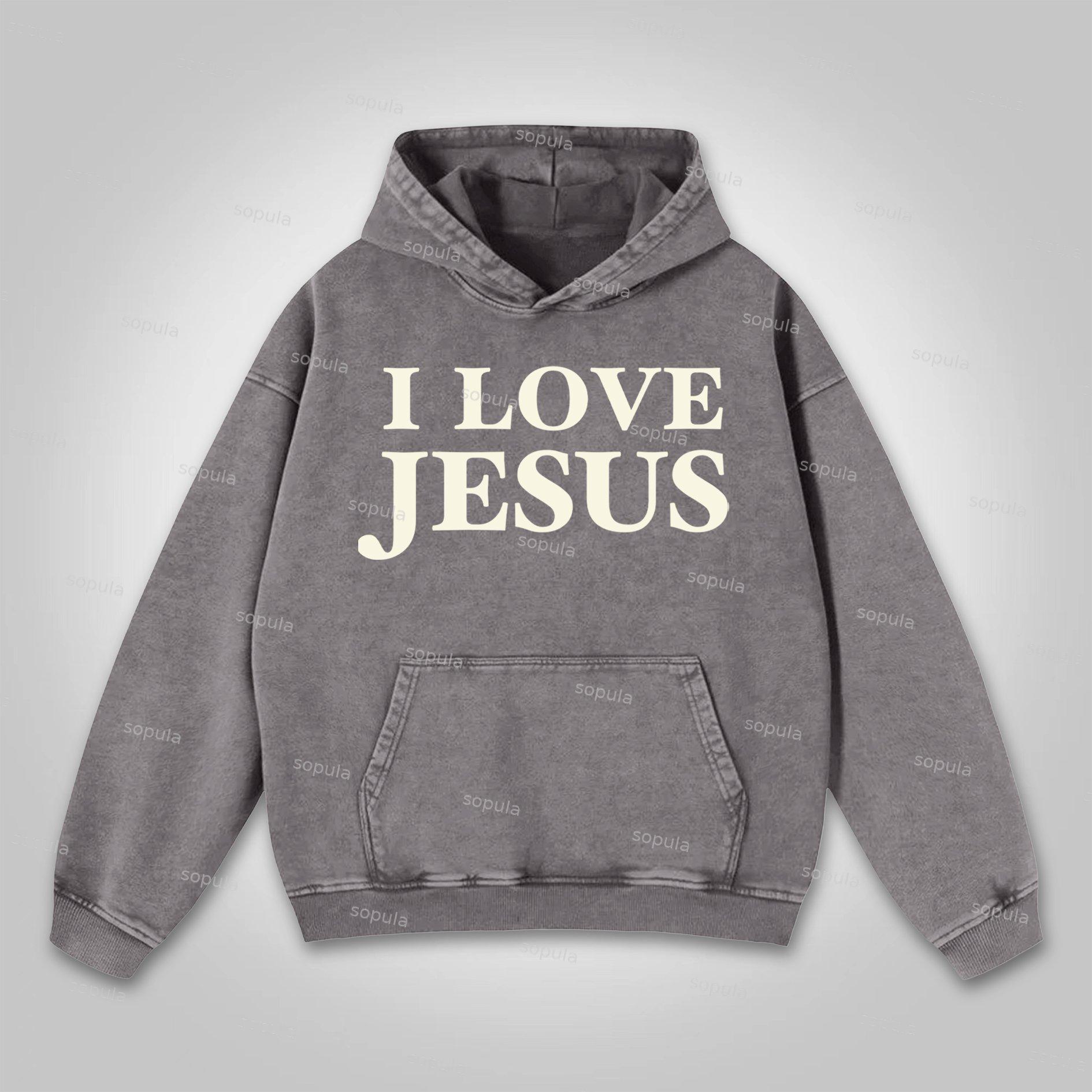 Sopula I Love Jesus. Jesus Loves The World Graphics Washed Distressed Pocket Hoodie Product Image